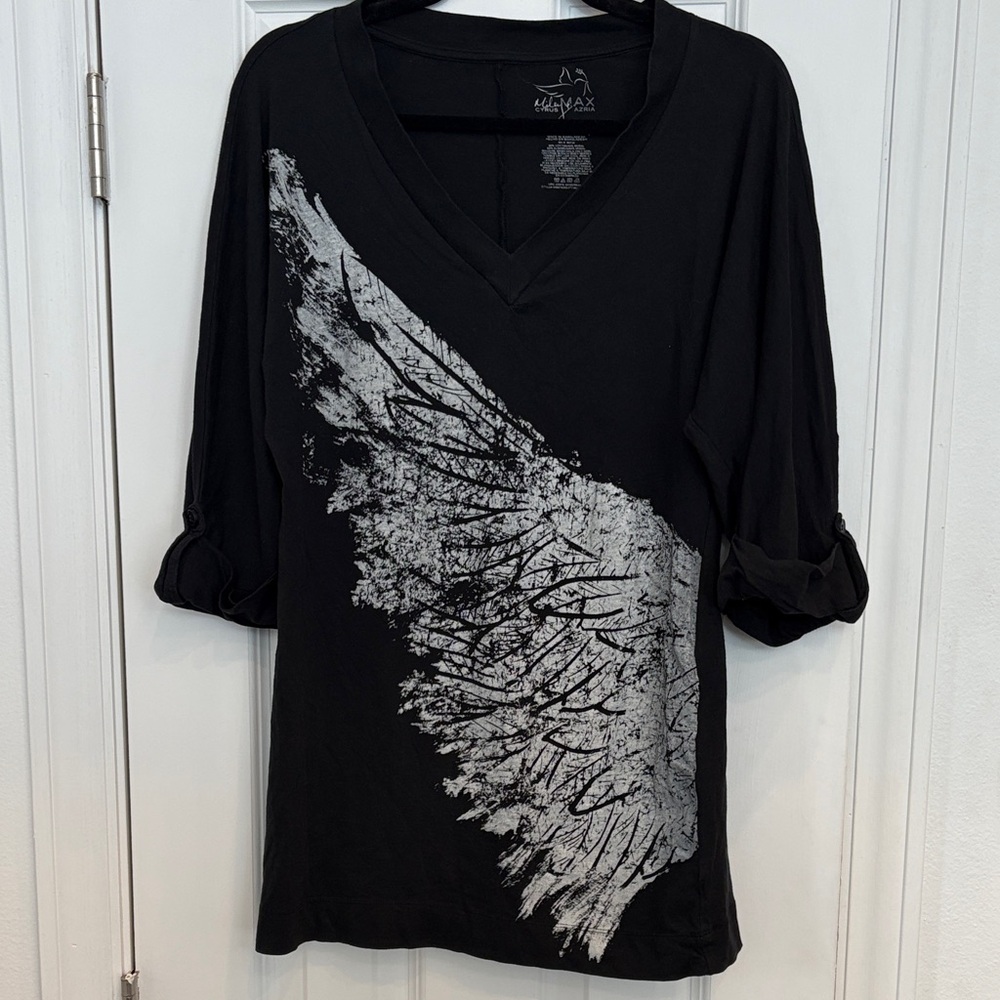 Miley Cyrus‎ & Max Azria Black Long Sleeve Top with Silver Wing Design